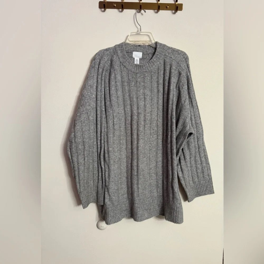 H&M Women’s Wool Blend Ribbed Mock Neck Sweater Gray Size XXL Oversized Cozy - Picture 3 of 6
